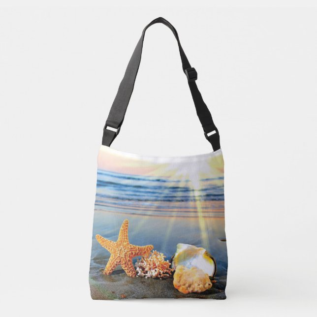 Sea shells and starfish on beach crossbody bag (Front)