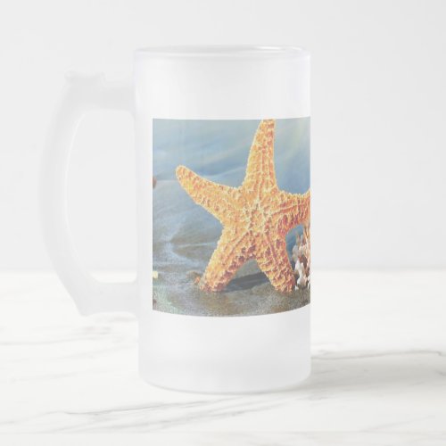 Sea shells and starfish on beach frosted glass beer mug