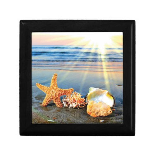 Sea shells and starfish on beach gift box