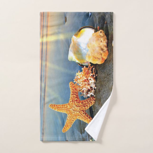 Sea shells and starfish on beach hand towel  (Hand Towel)