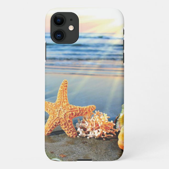 Sea shells and starfish on beach iPhone case (Back)