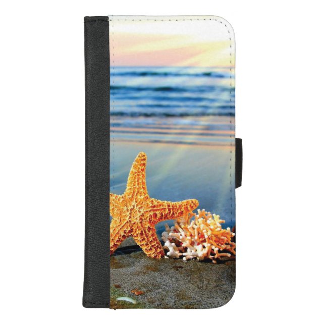 Sea shells and starfish on beach iPhone wallet case (Front)