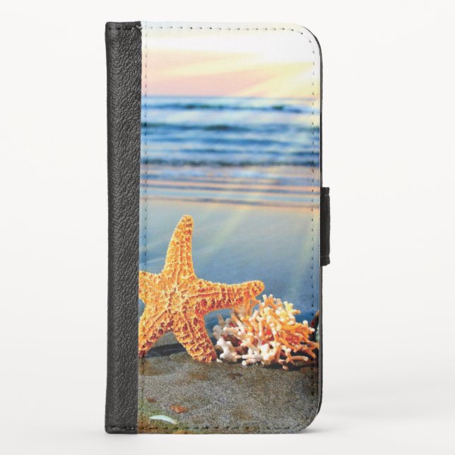 Sea shells and starfish on beach iPhone wallet case (Front)