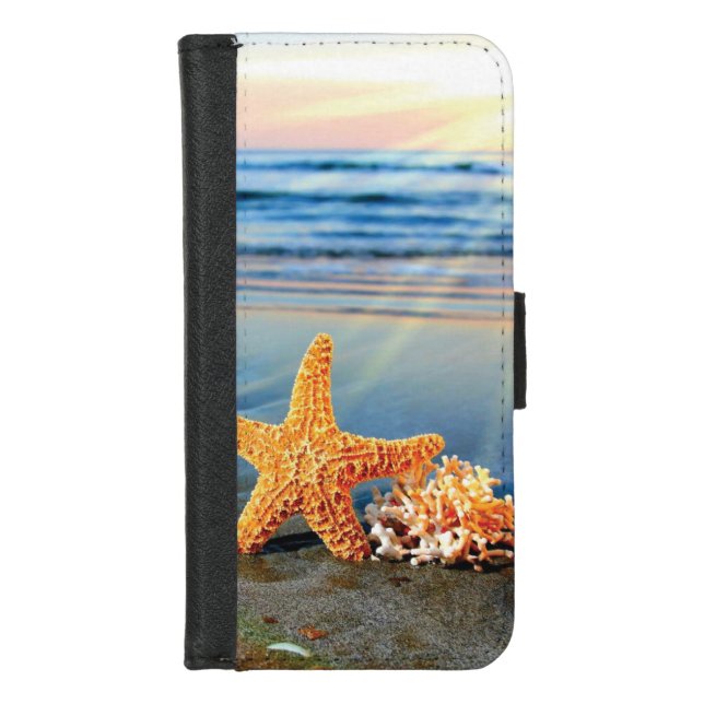 Sea shells and starfish on beach iPhone wallet case (Front)