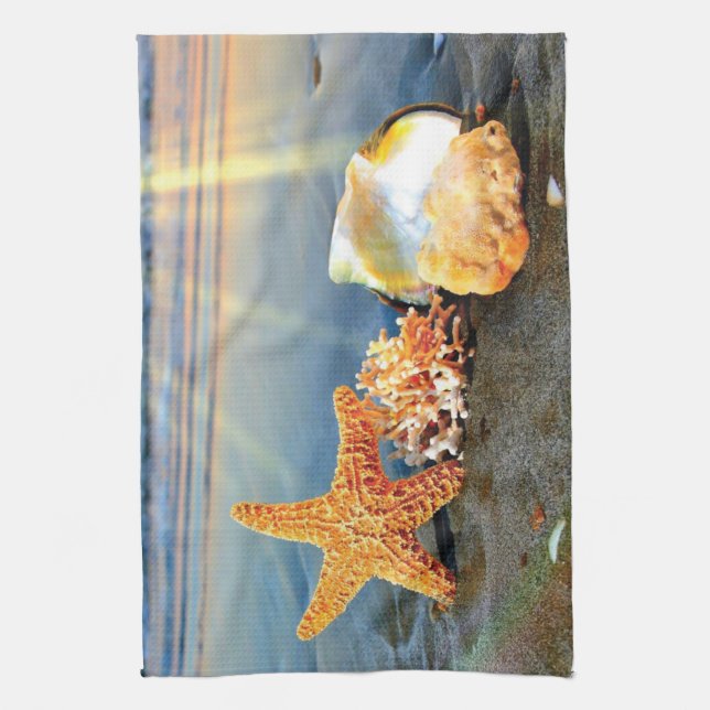 Sea shells and starfish on beach kitchen towel (Vertical)
