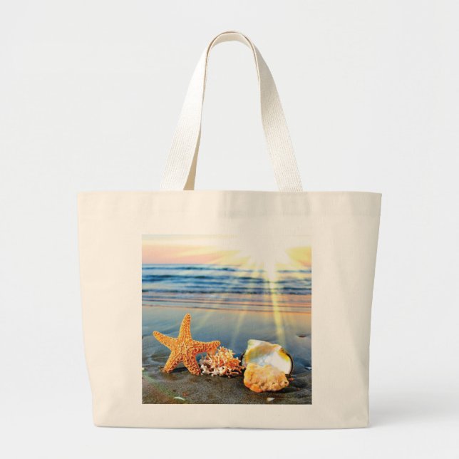Sea shells and starfish on beach large tote bag (Front)