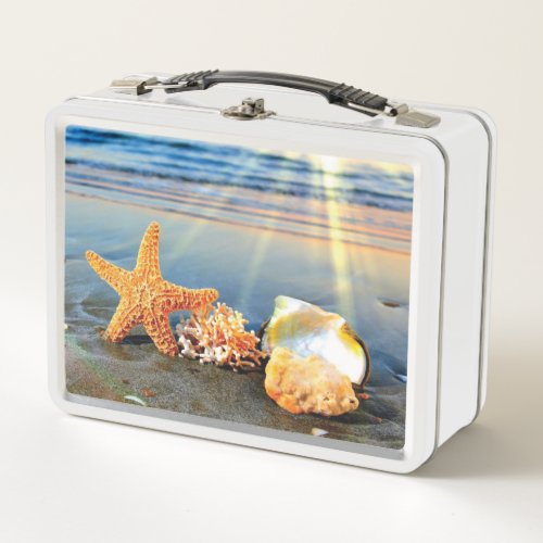 Sea shells and starfish on beach metal lunch box