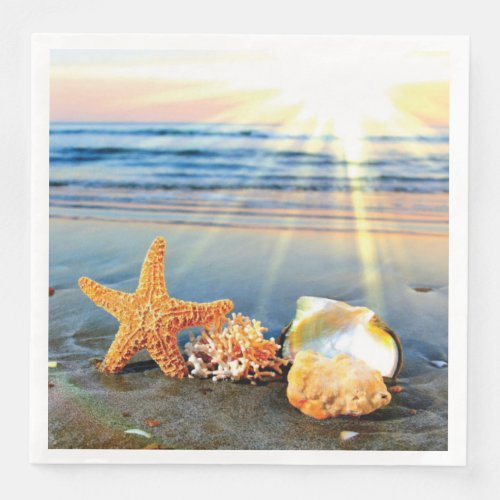 Sea shells and starfish on beach paper dinner napkins