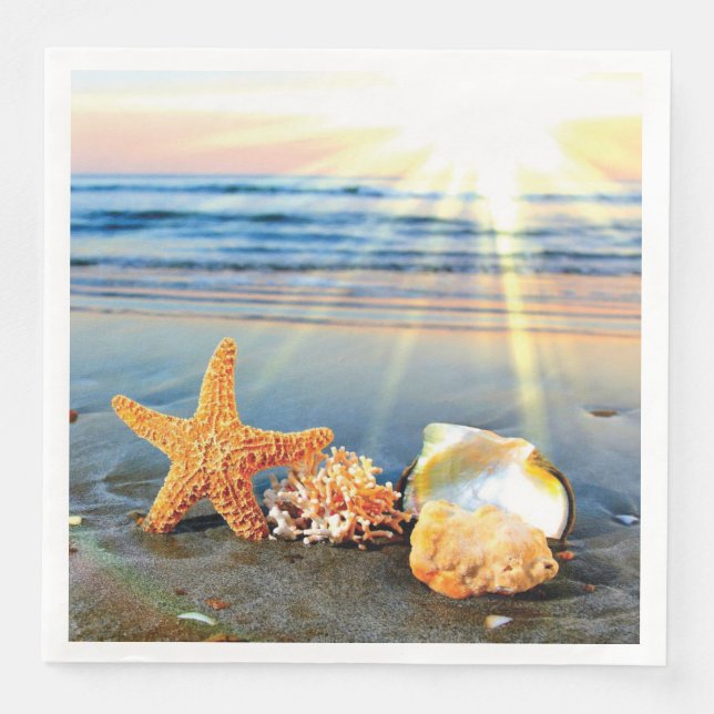 Sea shells and starfish on beach paper dinner napkins (Front)