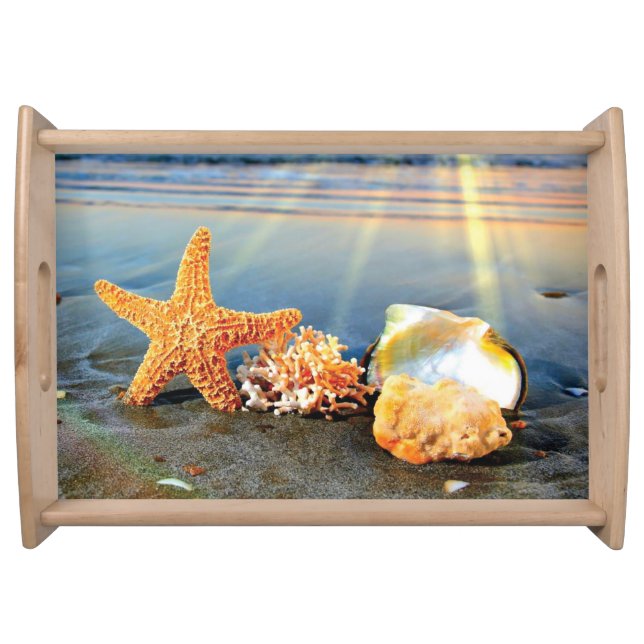 Sea shells and starfish on beach serving tray (Front)