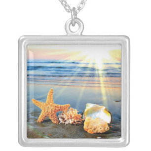 Sea shells and starfish on beach silver plated necklace