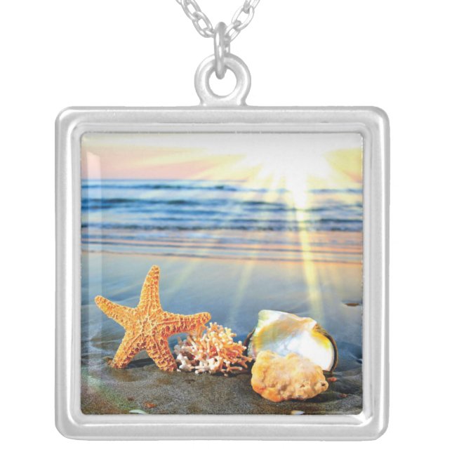 Sea shells and starfish on beach silver plated necklace (Front)