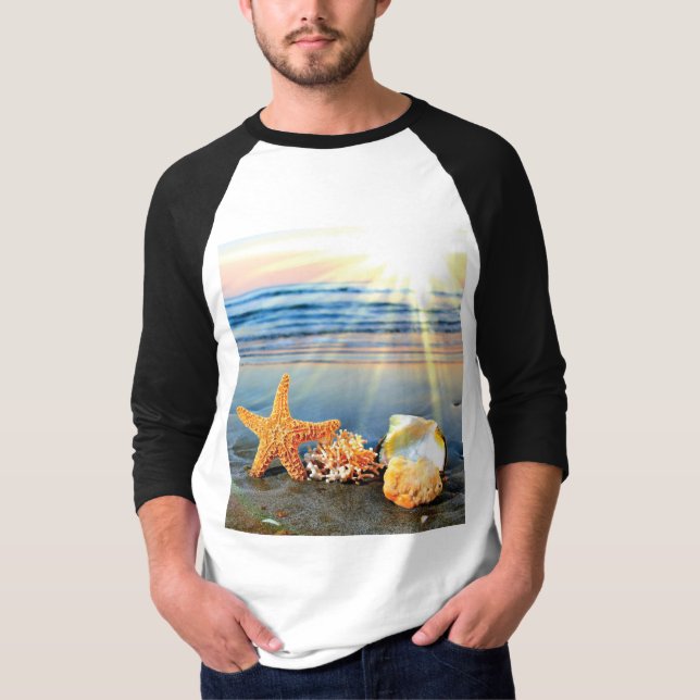 Sea shells and starfish on beach T-Shirt (Front)