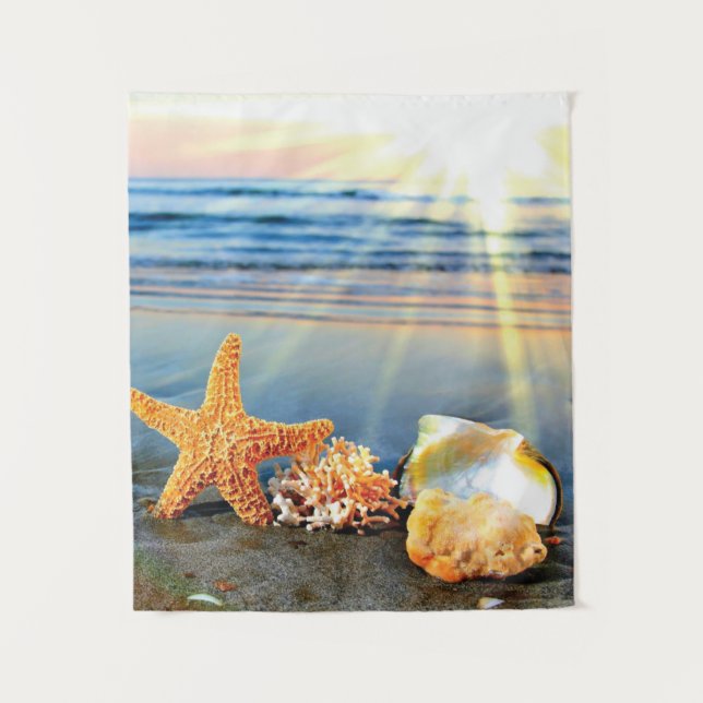 Sea shells and starfish on beach tapestry (Front)