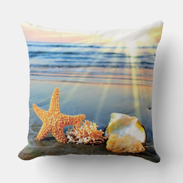 Sea shells and starfish on beach throw pillow (Front)