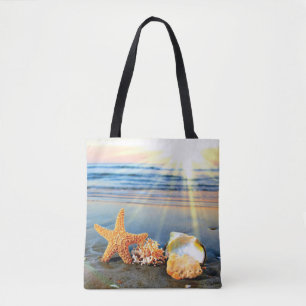 Sea shells and starfish on beach tote bag