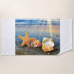 Sea shells and starfish on beach towel