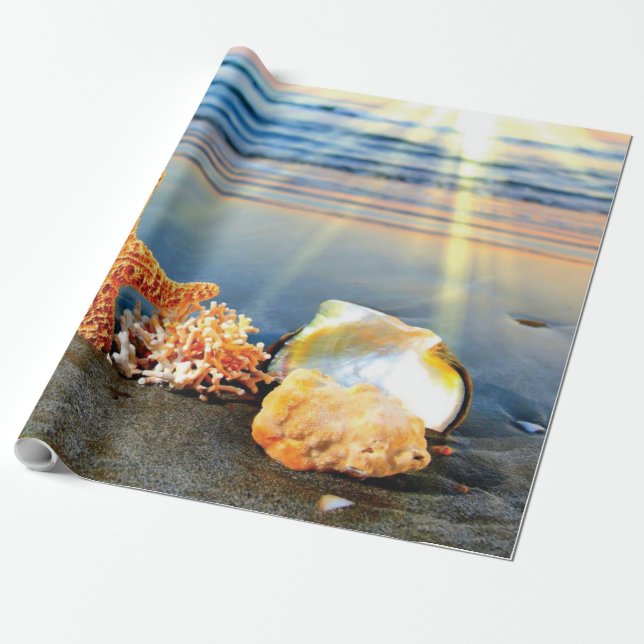 Sea shells and starfish on beach wrapping paper (Unrolled)