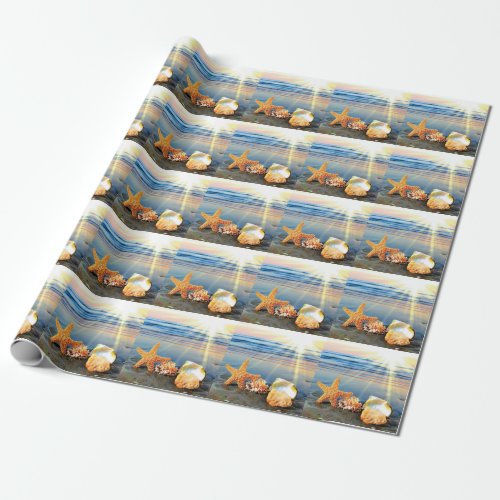 Sea shells and starfish on beach wrapping paper