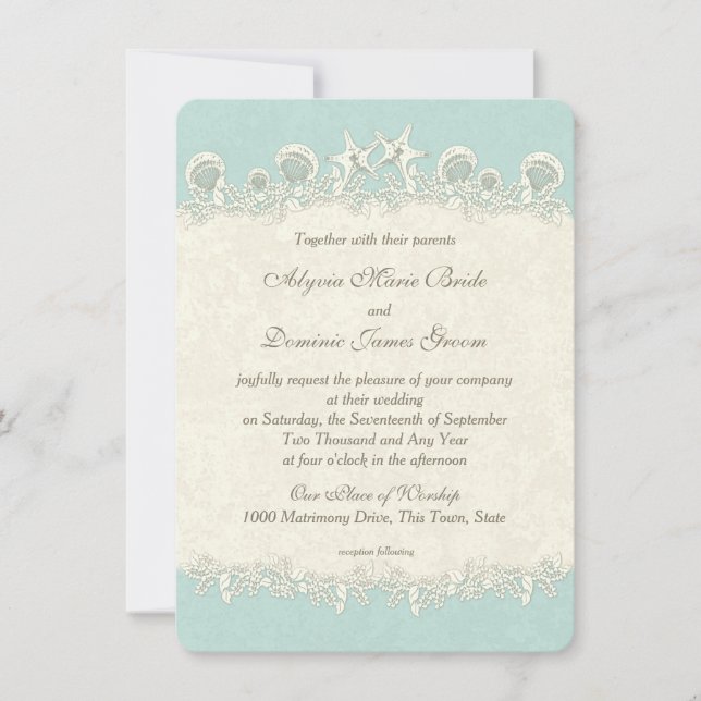 Sea Shells and Starfish Vintage Wedding Invitation (Front)