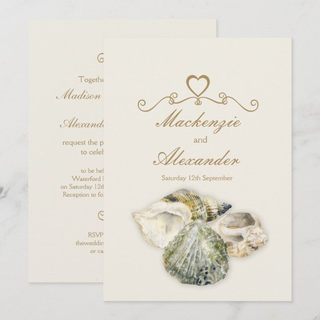 Sea shells art beach wedding invitations (Front/Back)