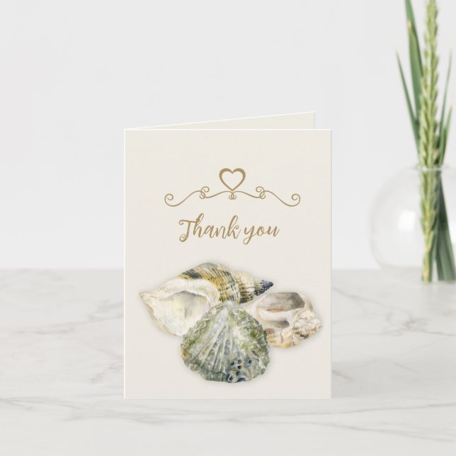 Sea shells art inside photo wedding thank you card (Front)