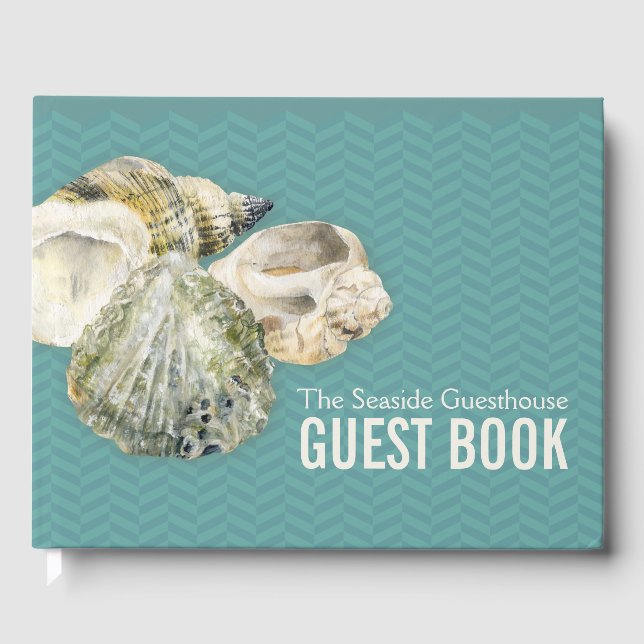 Sea shells art teal chevron guest book (Front)