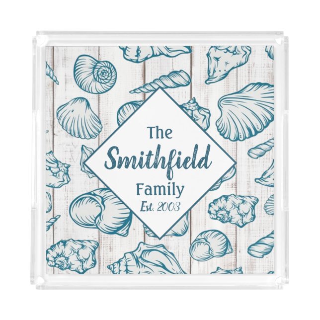 Sea Shells Beach House Nautical Family Name Wood Acrylic Tray (Front)