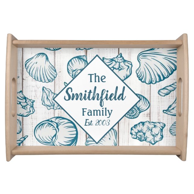 Sea Shells Beach House Nautical Family Name Wood C Serving Tray (Front)