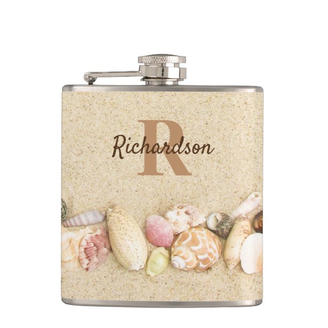 Sea Shells Beach Monogram Coastal Flask (Front)
