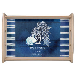 Sea Shells Coral Beach Welcome Family Blue n White Serving Tray