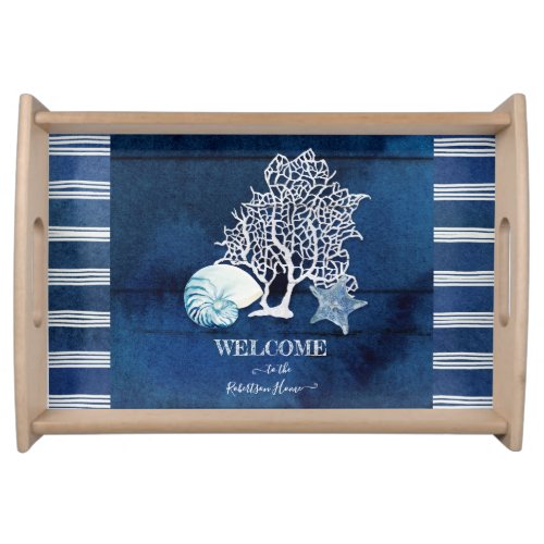 Sea Shells Coral Beach Welcome Family Blue n White Serving Tray