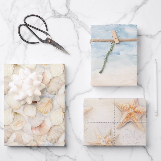Sea Shells Cream Sand Ivory Beach  Wrapping Paper Sheets (Front)