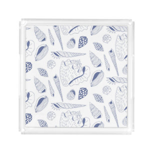 Sea shells drawing in blue and white acrylic tray