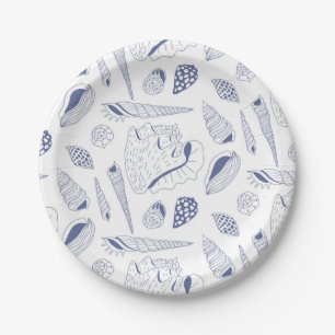 Sea shells drawing in blue and white paper plates