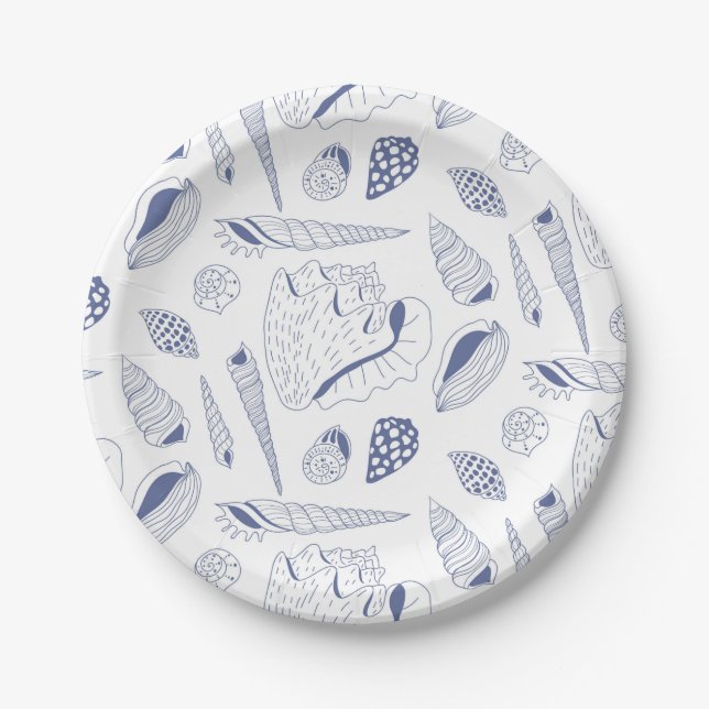 Sea shells drawing in blue and white paper plates (Front)