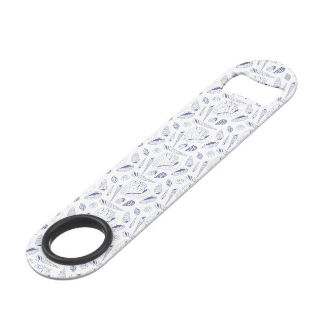 Sea shells drawing in blue and white speed bottle opener (Front Angled)