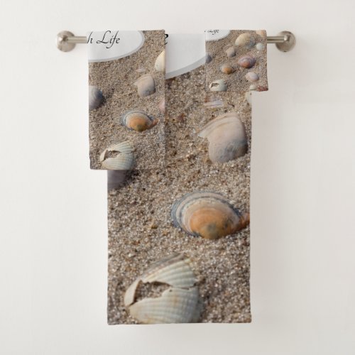 Sea shells in the sand summer photo with text bath towel set