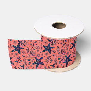 Sea shells living coral background satin ribbon