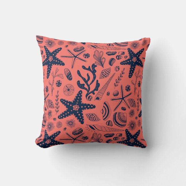 Sea shells  living coral background throw pillow (Front)