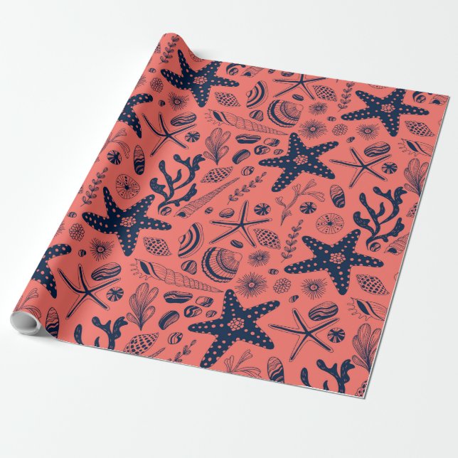 Sea shells  living coral background wrapping paper (Unrolled)