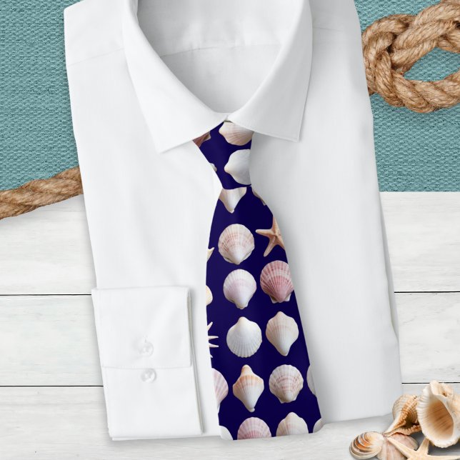 Sea Shells Neck Tie (A tie with seashells pattern on a dark blue background)