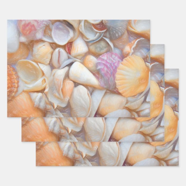 Sea Shells Ocean Beach Decoupage Art Design Wrapping Paper Sheets (Set)