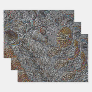 Sea Shells Ocean Beach Grey Gold Silver Decoupage Wrapping Paper Sheets