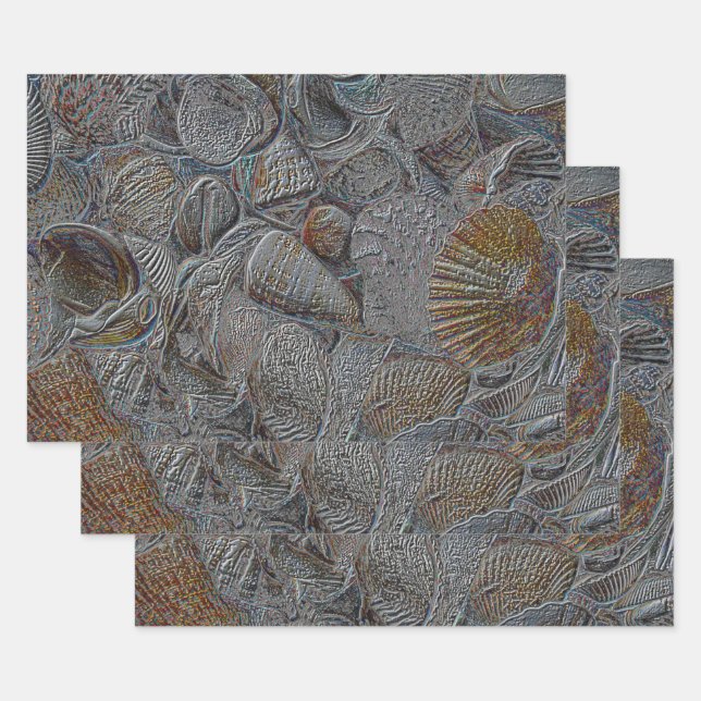 Sea Shells Ocean Beach Grey Gold Silver Decoupage Wrapping Paper Sheets (Set)