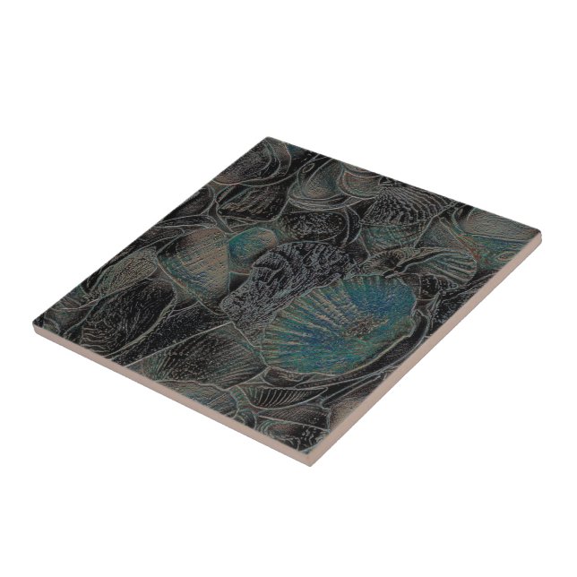 Sea Shells Ocean Beach Teal Black Art Nautical Ceramic Tile (Side)