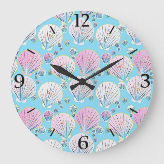 Sea shells on a turquoise blue background large clock (Front)