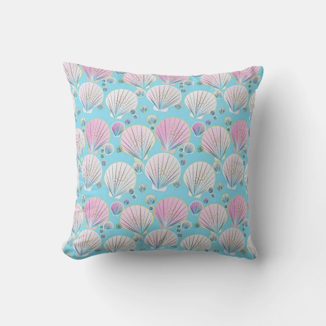Sea shells on a turquoise blue background throw pillow (Front)