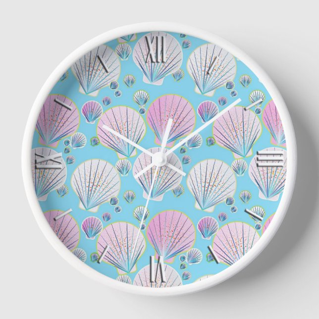 Sea shells on a turquoise blue background wall clock (Front)