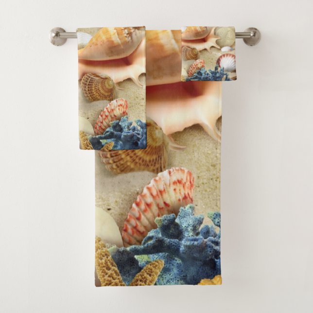 Sea shells on beach bath towel set (Insitu)